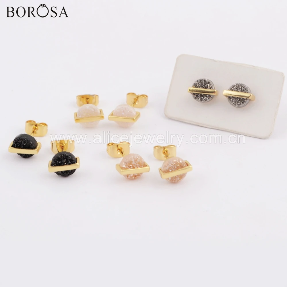 BOROSA 5 пар модные круглые серьги-гвоздики 7 мм с золотым ободком из натурального