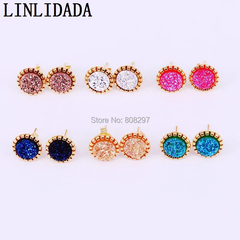 

10 пар разноцветных круглых титановых кварцевых камней серьги-гвоздики, 11 мм, модные drusy серьги геод