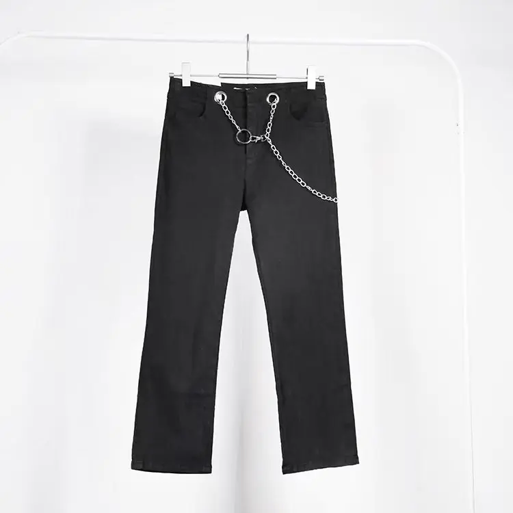 В стиле панк Рок уличная Высокая мода pantalon металлические кольца цепи длиной до щиколотки брюки женские джинсы брюки с высокой талией