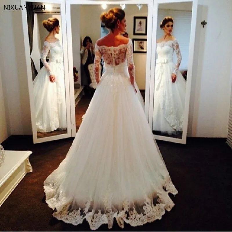 

A Line Lace Long Sleeve Vintage Wedding Dress Custom Made Boat Neck Dress For Wedding With Bow Belt 2023