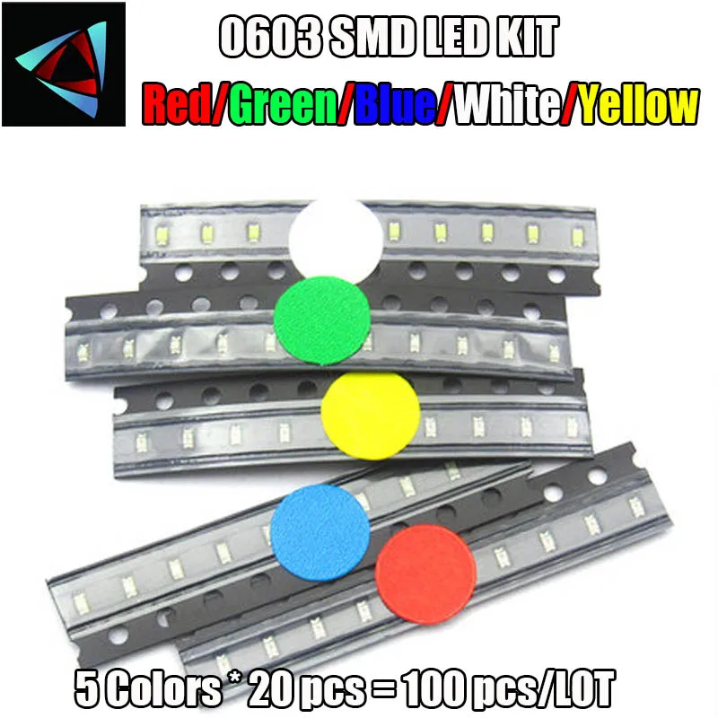 5 цветов x20шт = 100 шт SMD 0603 светодиодный комплект красный/зеленый/синий/желтый/белый светодиодный светильник