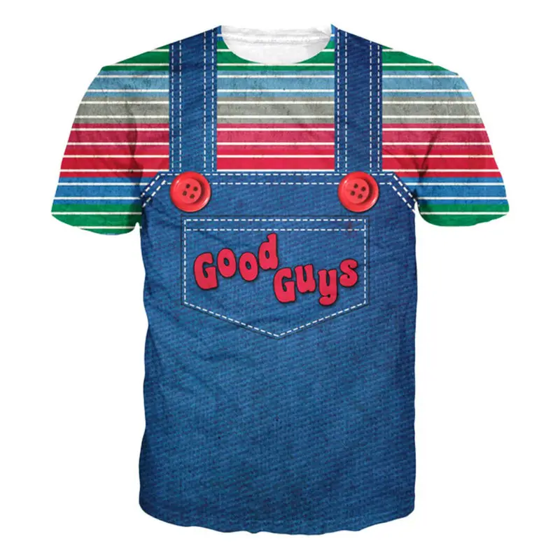 Harajuku 3D Printed T-shirts Men Stripe Tee Shirts Halloween Chucky Good Guys Bib Tees Fake Two Pieces Funny Summer Tops | Мужская