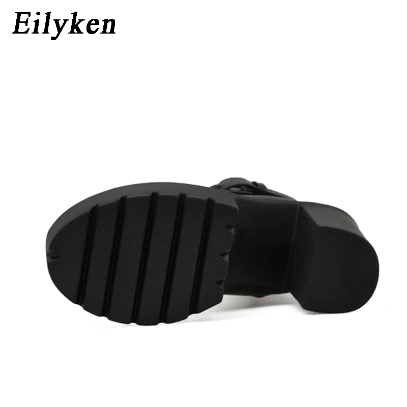 Eilyken; Модные женские кожаные ботинки в байкерском стиле; коллекция года; сезон осень; обувь на высоком каблуке с металлической пряжкой; Черные ботильоны на молнии; женская обувь на шнуровке