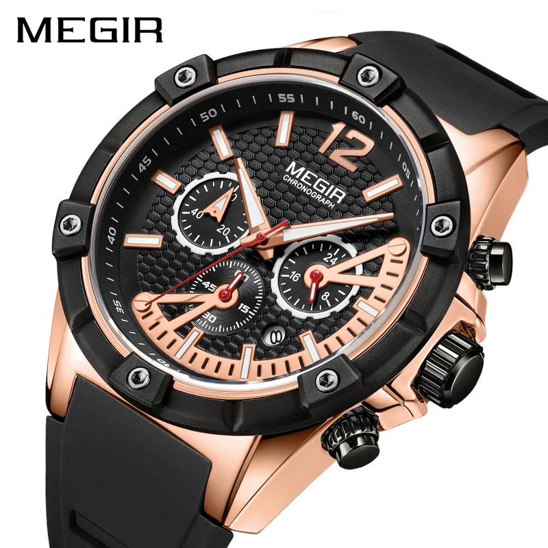 

MEGIR Quartz Watch Men Rose Gold Luminous Waterproof Sports Watches Clock Chronograph Wristwatches Erkek Kol Saati Montre Homme