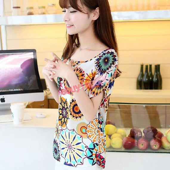 Sale New Women colorful Chiffon shirt batwing short sleeve prin Loose Blouses &amp shirts Tee Tops 2pcs/lot |