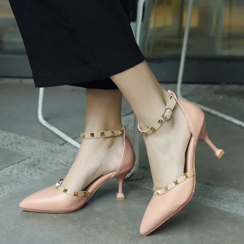 plus size 34-43 Summer High Heel Women's Sandals Fashion Rivets Buckle Strap Pointed Toe Sexy Heels Woman Party Pumps Footwear