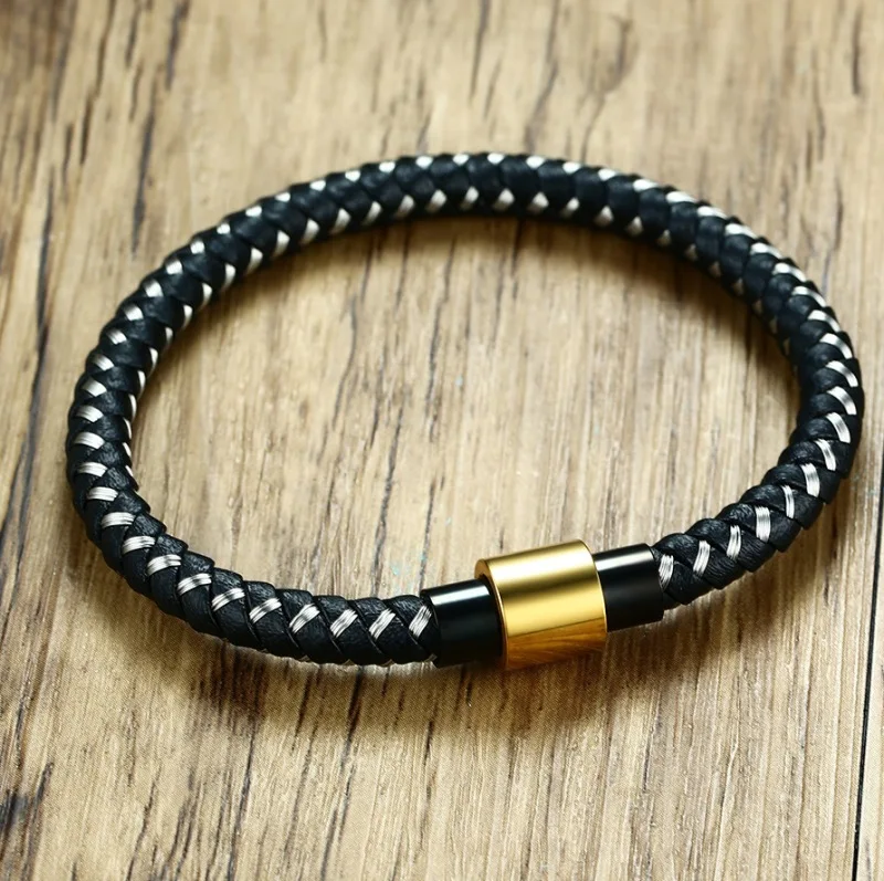 

High Quality Fashion Men Magnet Buckle Bracelet Mans Bracelets Black Color Leather Bangles Bracelets New Arrivals Wholesale