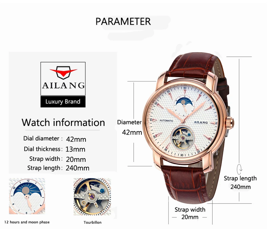 Часы Tourbillon Мужские деловые повседневные автоматические механические военные