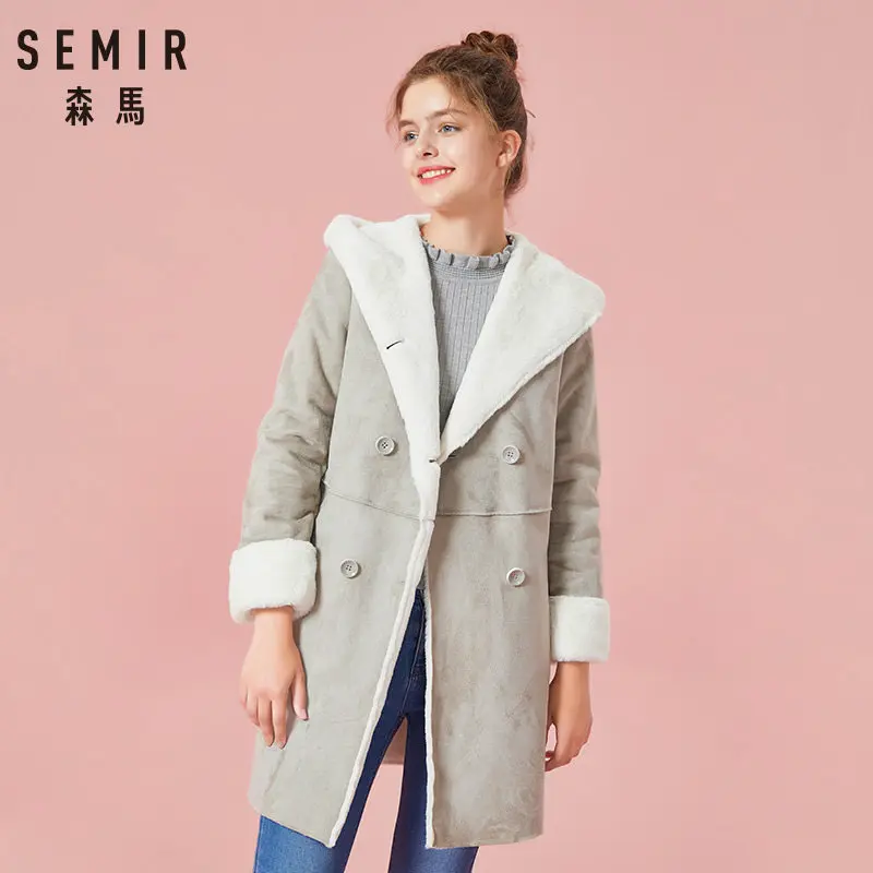 SEMIR женское длинное замшевое пальто на подкладке из шерпы с капюшоном Женское