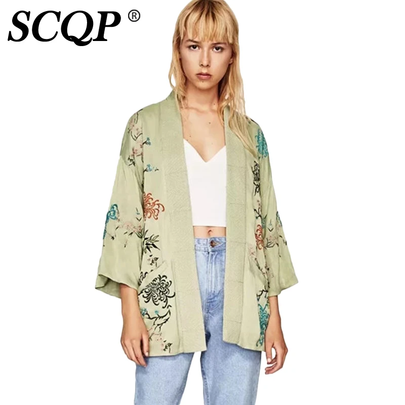 SCQP цветочной вышивкой Женские кардиган кимоно карманов три четверти элегантные