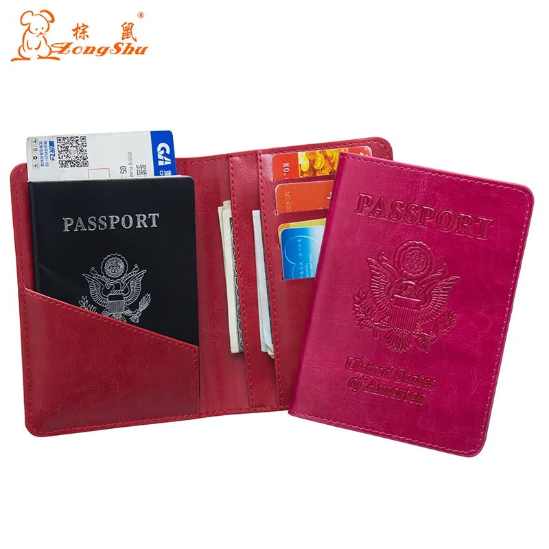 

USA Oil PU Leather Passport Cover complex red Travel Passport Cover Built in RFID Blocking Protect personal information