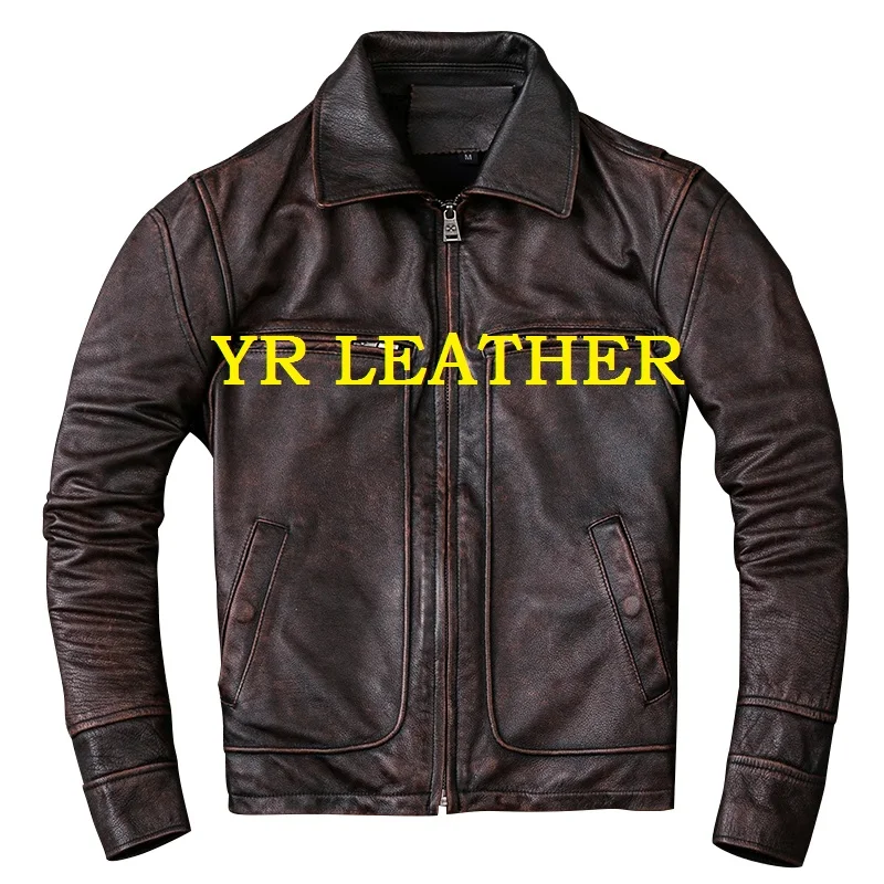 

YR!Free shipping.Wholesales.Mens genuine leather jacket.brown vintage cowhide coat.quality short biker slim jackets sales