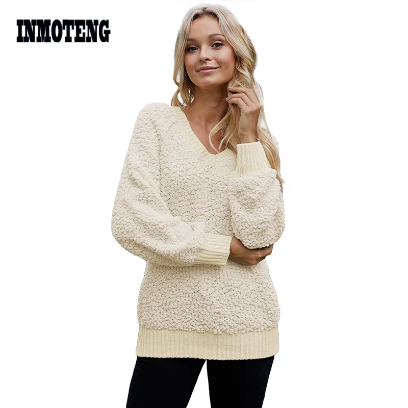 

INMOTENG Brown/Apricot/Yellow Ribbed V Neckline Popcorn Knit Sweater Women Autumn Winter Long Sleeve Casual Sweater Top S-XL