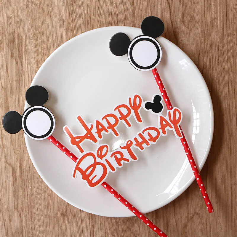 Red Mickey Минни торт Топпер с бумажной соломинкой для детского душа украшения Anniversaire Микки флажки для торта вечерние кекс - Цвет: Red Mickey