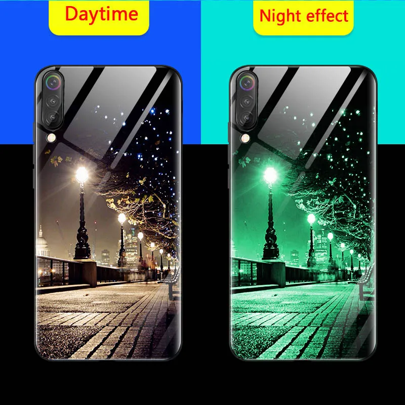 Luminous Glass Phone Case For XiaoMi Mi 10 10T 9T Pro 9 SE 8 Lite A2 PLAY Night Shine Case For Redmi Note 9 8 7 pro 5 Cover Case