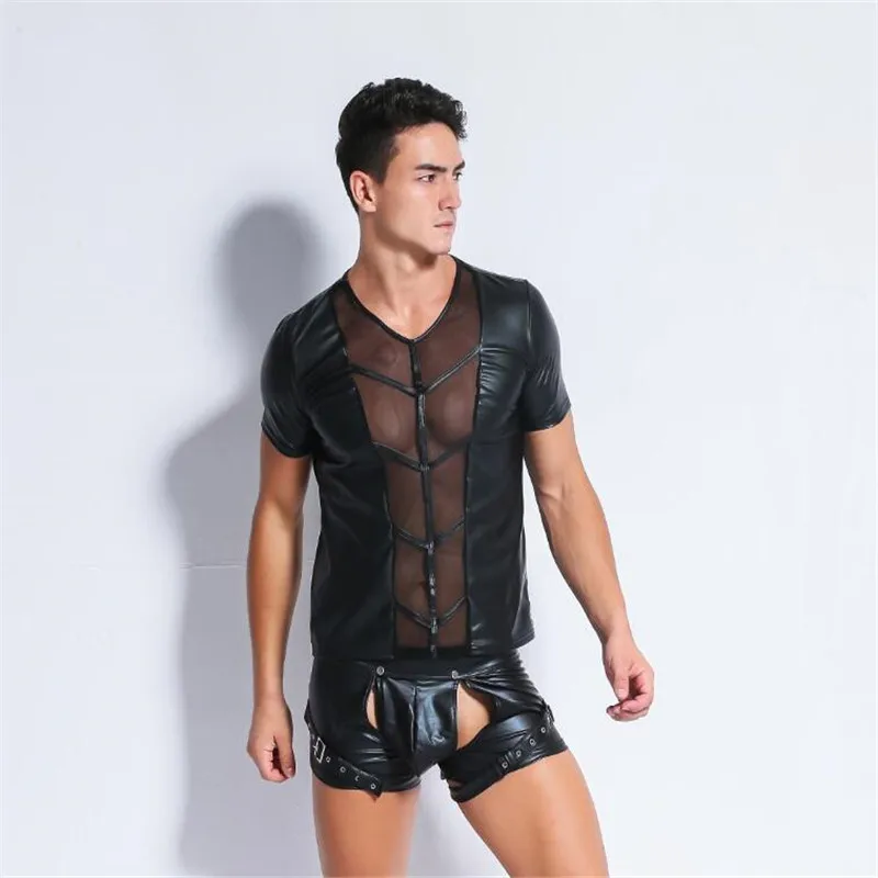 Футболка мужская сетчатая футболка из искусственной кожи в стиле хип-хоп черная |