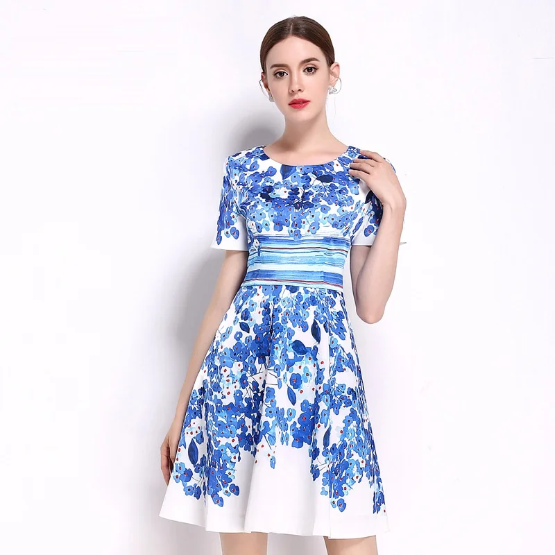 Платье с коротким рукавом и принтом новинка 2017 весеннее платье высокого качества
