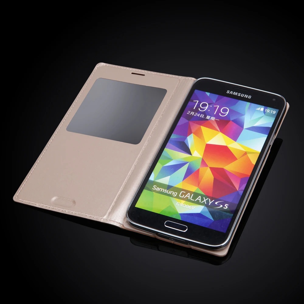 Тонкий кожаный чехол книжка для Samsung Galaxy S5 SV i9600 Smart View телефона с ИС|case for samsung