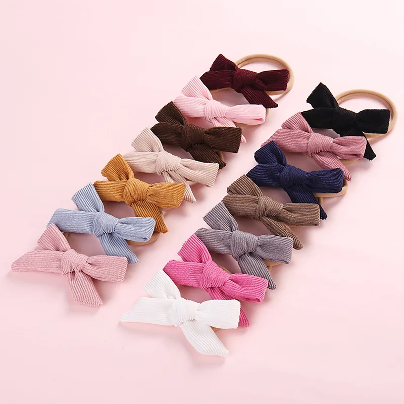 

Hand Tied Corduroy Hair Bows Wholesale Headbands Kids Fabric Bow Head Wrap Girls Nylon Hairbands Hair Accessories Head Wear