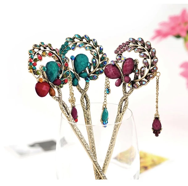 Retro Charm Flower Butterfly Hairpin Colorful Rhinestone Hair Stick New Arrival Women Accessories | Украшения и аксессуары