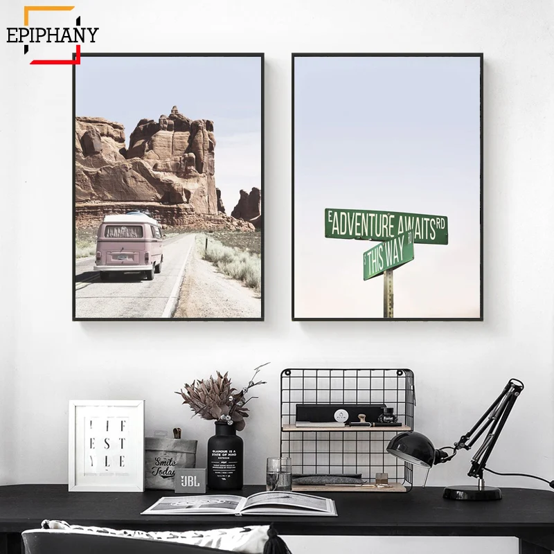 Bus Wall Art Canvas Painting Adventure Awaits Travel Posters and Prints Nordic Boho Pictures for Living Room | Дом и сад