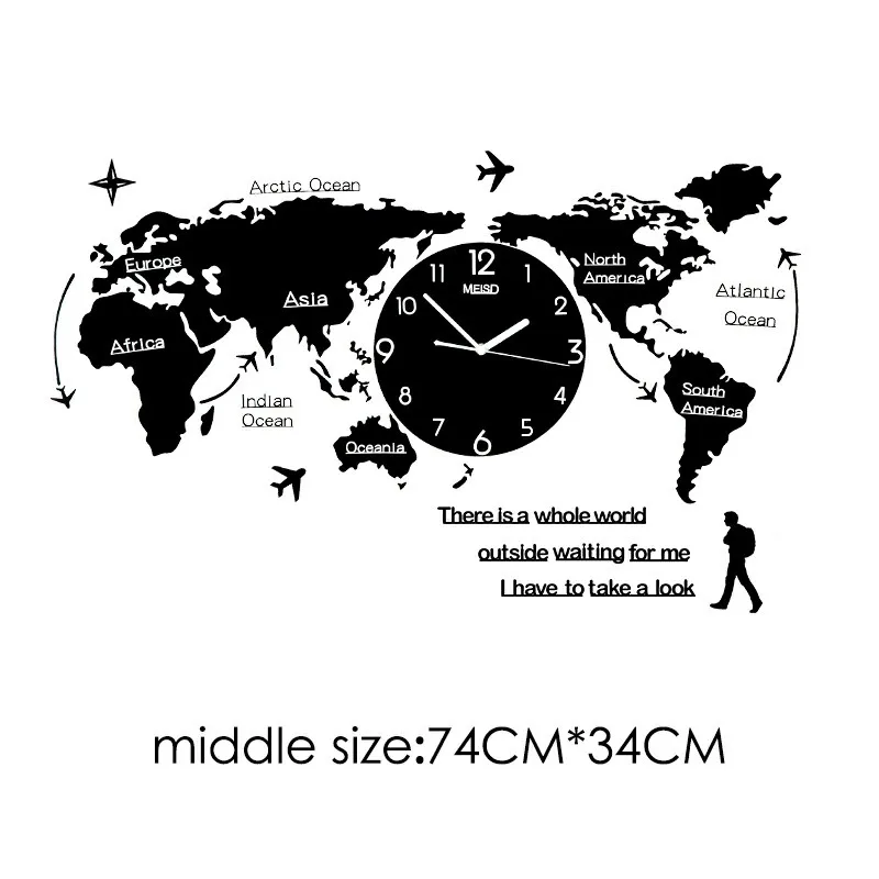 Black(74CMx34CM) Large 3D World Map Wall Clocks Modern Design Glow In Dark Hanging Silent Wall Clocks Mute Acrylic Unique Wall Clocks - Цвет: Black(74CMx34CM)