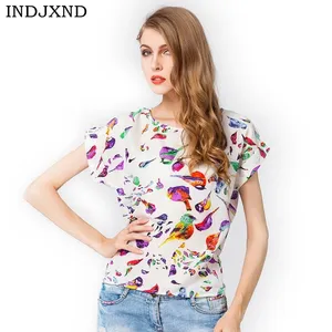 INDJXND Fashion Summer T-Shirts Style Chiffon Women Girls O-Neck Loose Print Short Sleeve Breathable in Pakistan