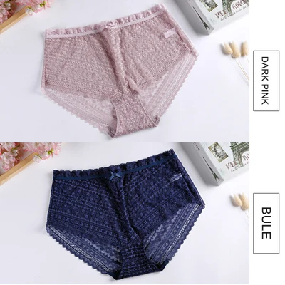 Dark-Pink Blue Кружевные трусики размера плюс, сексуальное женское нижнее белье с бантиком, прозрачные трусики с высокой талией, нижнее белье большого размера - Цвет: Dark-Pink Blue
