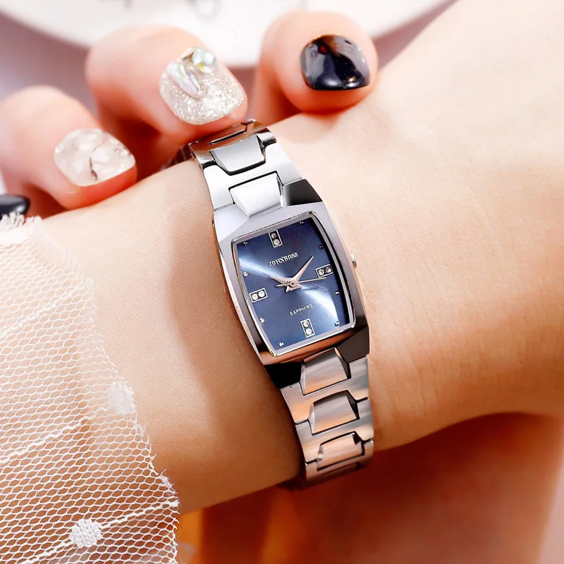 Fashion Tungsten Steels Elegant Ladys Watch Square Diamond Swiss Quartz Women s Cause Wrist Watch Water Resistance Couple Watch