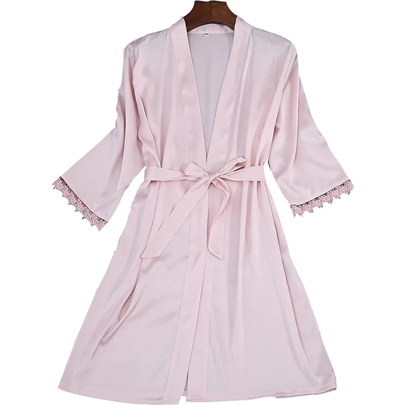 Шелковый полиэстер с коротким рукавом кружевные манжеты однотонные халаты