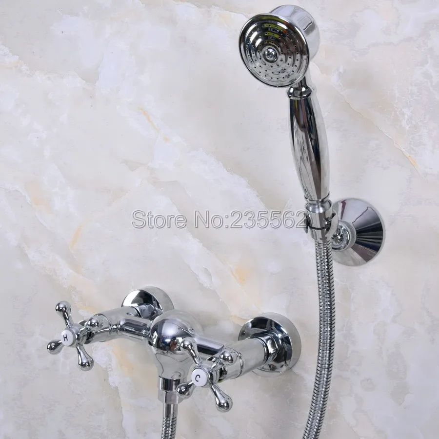 

Chrome Wall Mounted Bath Shower Faucet Mixer Tap W/Hand Shower Set l lna278