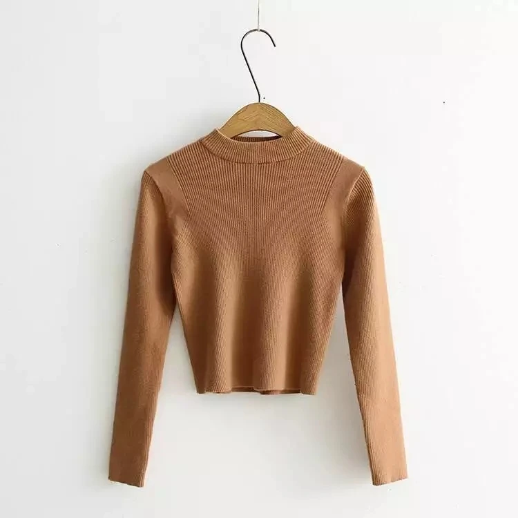 khaki Elegent! Женские вязанные топы с длинными рукавами в рубчик и воронкой, тонкие пуловеры, кроп-трикотаж, 8 цветов - Цвет: khaki