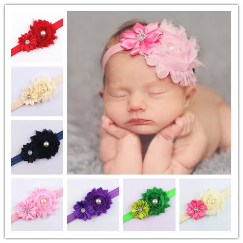 20 шт./лот атласная и потертая шикарная повязка на голову с жемчугом Цветочная