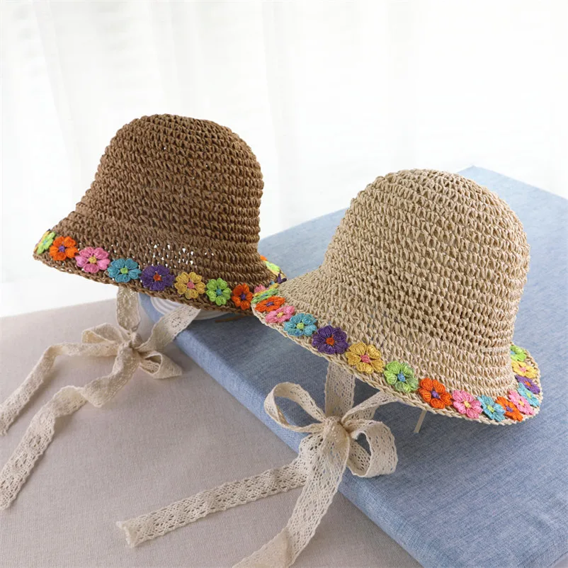 Adorable little girls sunflower embroidery straw cap casual kids simple beach hat for girls clothes accessories children hats