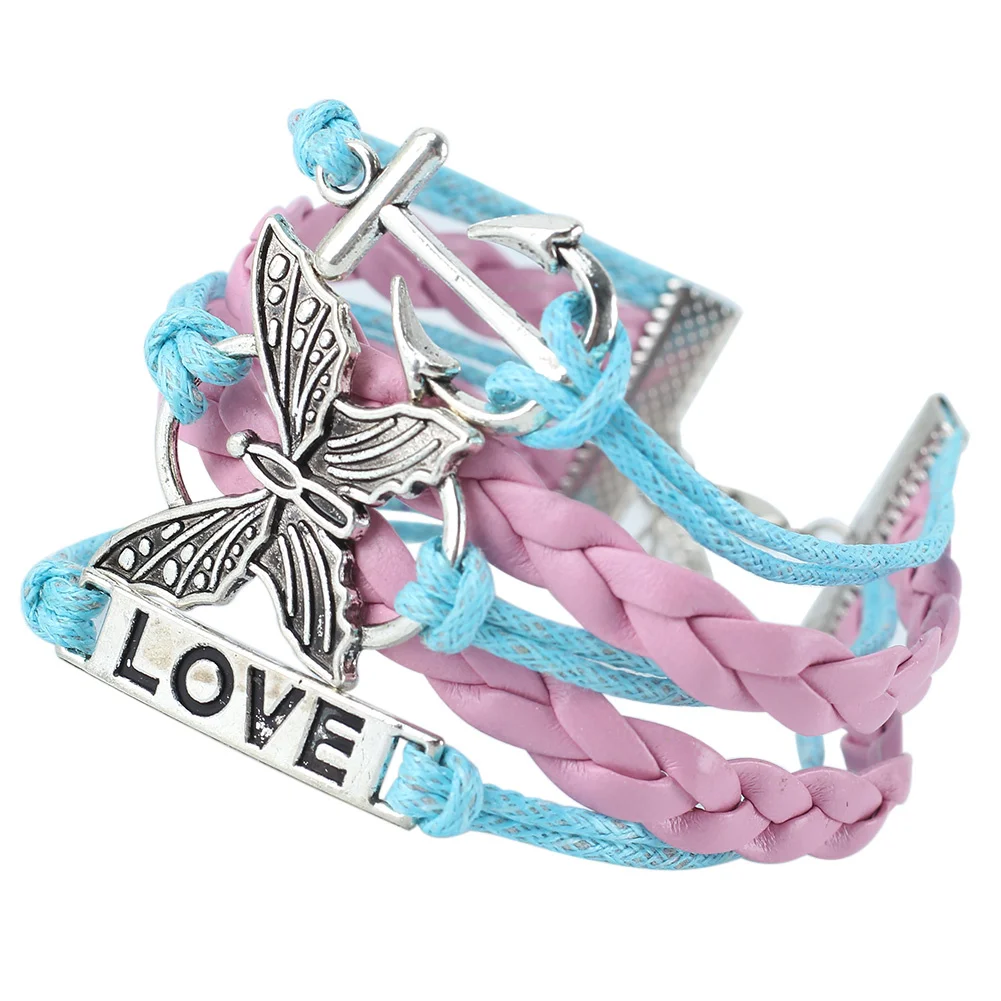 2x Adjustable Butterfly Anchor Love Bracelet DIY Woven PU Leather Wristband | Украшения и аксессуары