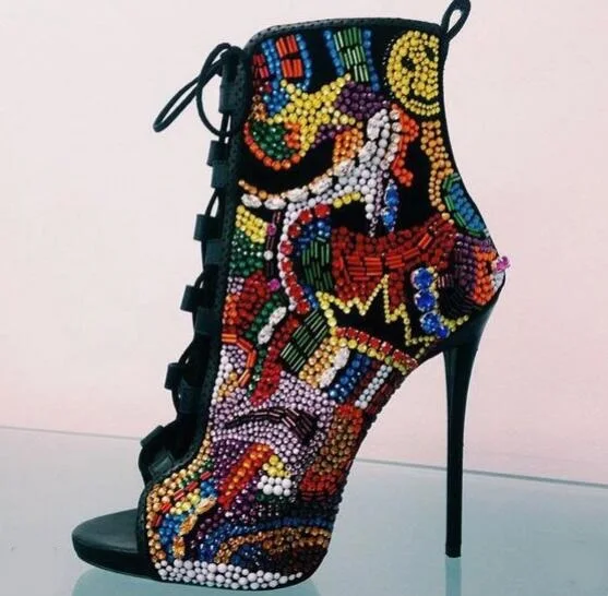 

Luxury Colorful Rhinstone Peep Toe Ankle Boots Cut-out Lace-up Gladiator Heels Ladies Dress Shoes Sexy Plus Size Crystal Bootie