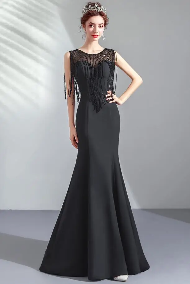 Luxury beaded evening dress black noble mermaid prom graduation party gowns bridal shower formal Vestido de noiva | Свадьбы и