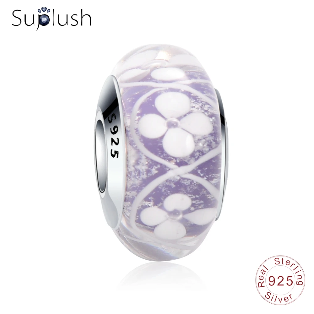 Suplush 925 Стерлинговое серебро розовое поле цветов Шарм муранские стеклянные