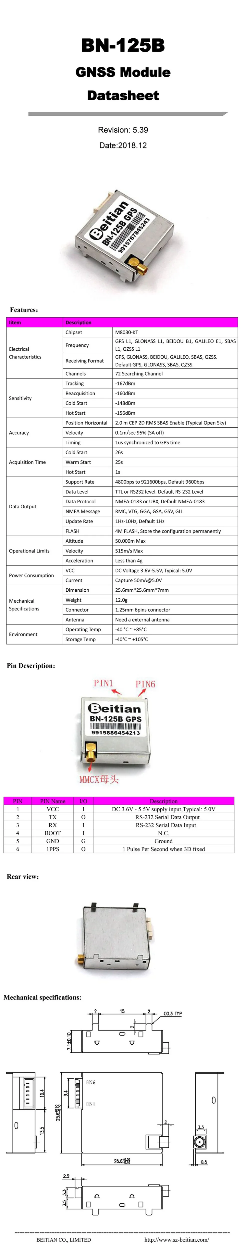 BEITIAN, RS-232 IPC PPS 9600bps 5,0 V 1,25 мм 6pin разъем 1 Гц 4M FLASH gps ГЛОНАСС модуль W/внешняя антенна BN-125B