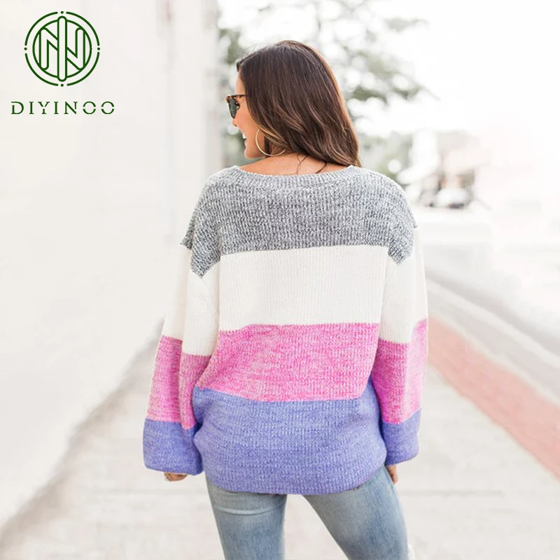 DIYINOO 2018 Autumn Winter Colorful Patchwork Long Lantern Sleeve O-Neck Knitted Pullovers OL Sweater S/M/L/XL Women's Sweaters | Женская