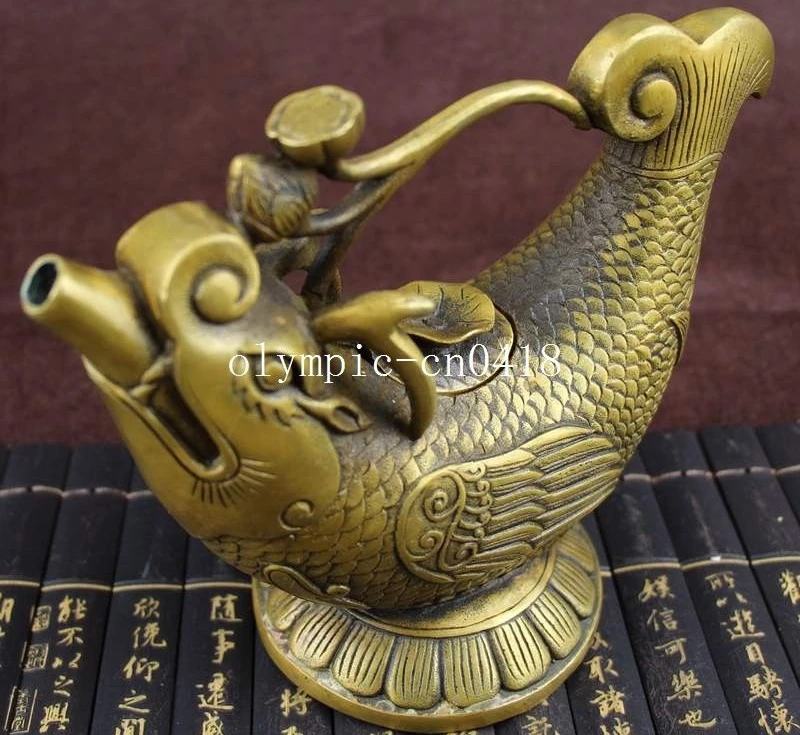 

8'' tibet bronze copper carvings beast animal dragon fish cup pot teapot