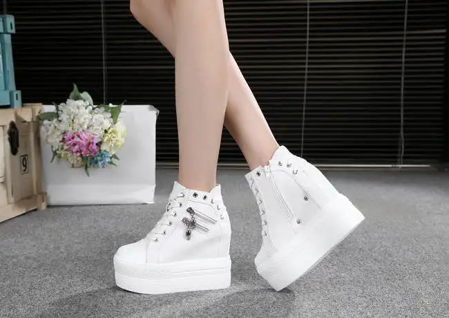Fashion Autumn High Heel Casual Shoes Canvas Women Shoes Lace-Up Breathable Women Sneakers Zipper Platform Ladies Shoes Women