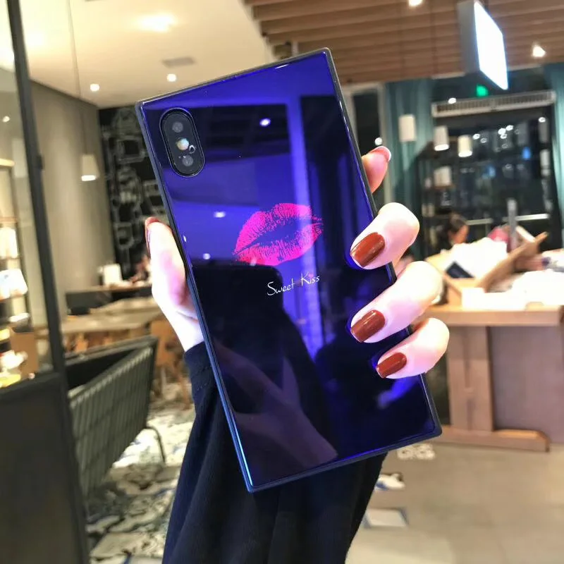 Квадратное закаленное стекло чехол для телефона iphoneX 8 8plus Blue Ray Red Lips стеклянный