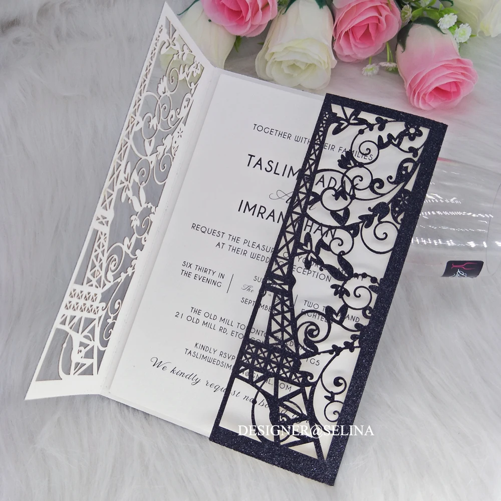 Black Glitter Tower Paris Laser Cut Invitations for QuinceaneraSweet Sixteen Birthday Party Invite 50pcs/lot | Дом и сад