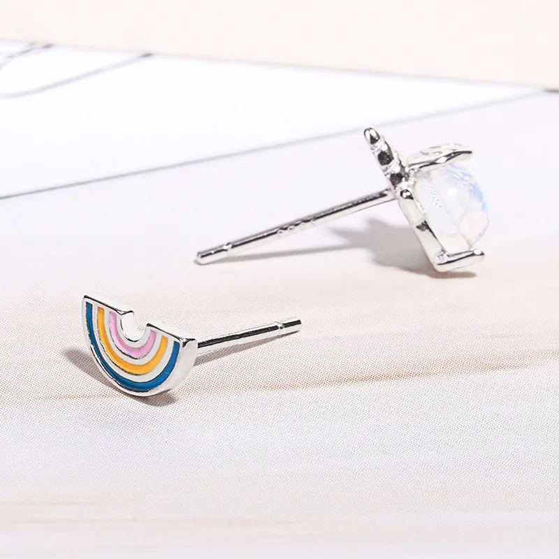 Единорог Радуга Асимметричная лунным камнем серьги-гвоздики ASOS 925 Щепка Серьги