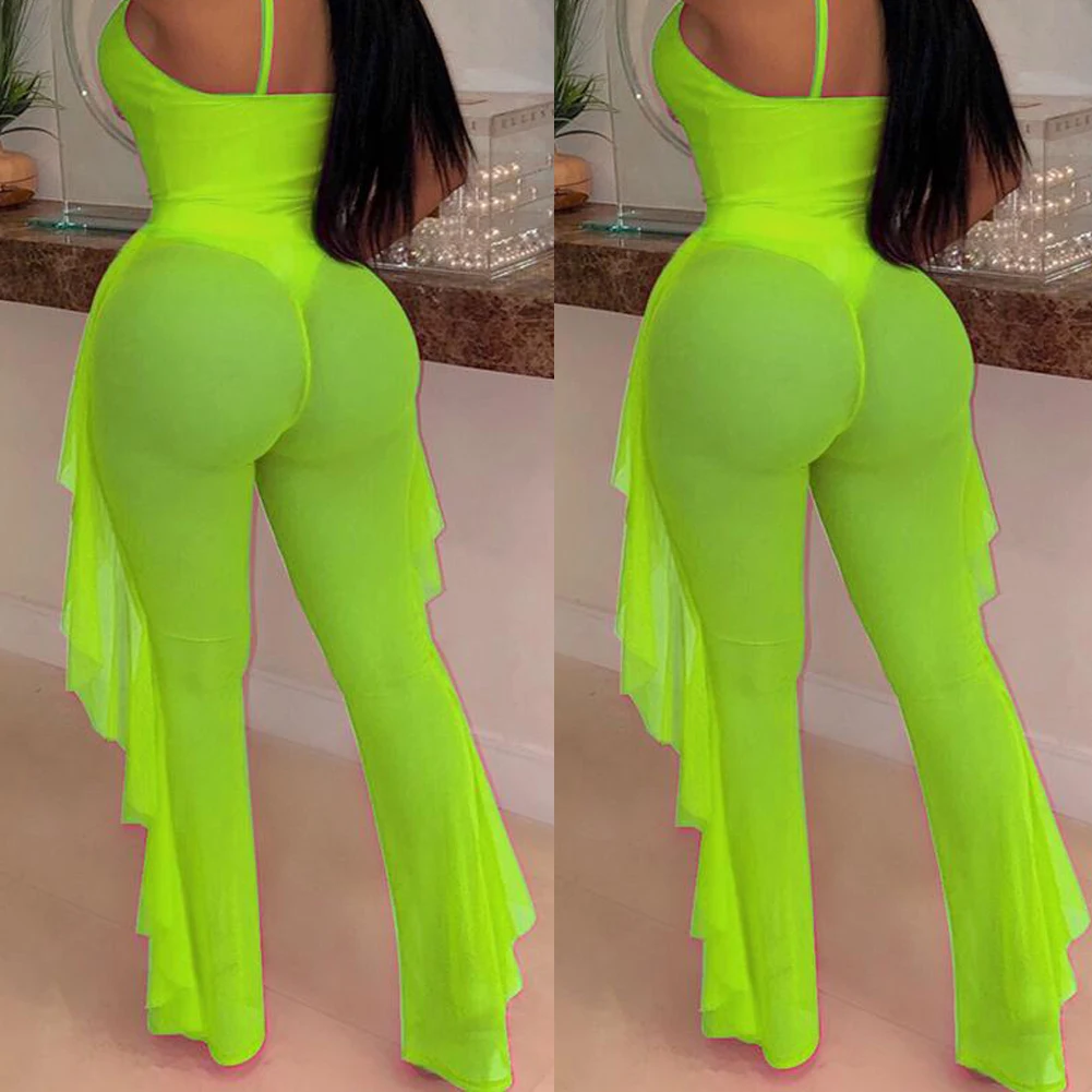 New Summer Women See Though Mesh Ruffle Sheer Wide Leg Pants Trousers Bikini Cover Up Bikini Set Bathing Suit Beachwear