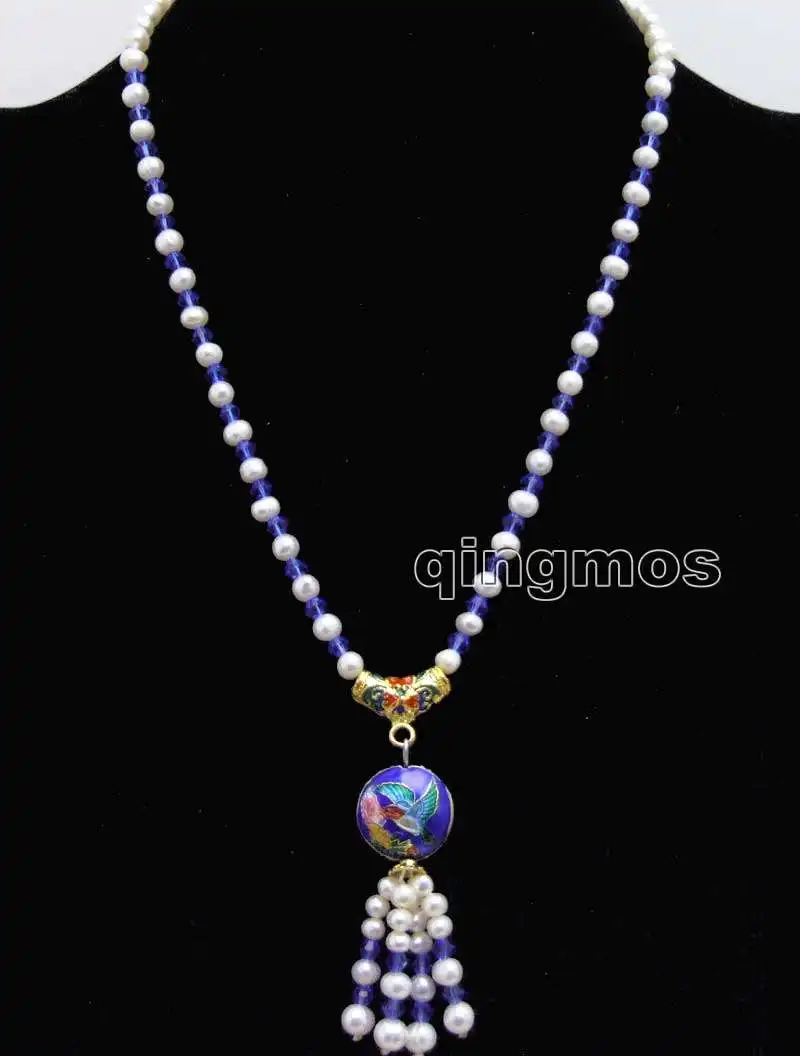 Круглый белый жемчужный с синим кристаллом 5 6 мм 18 дюймов Necklace nec6328|natural pearls|pearl