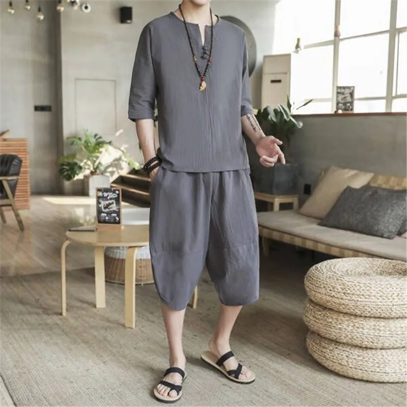 Fashion Sets Linen Short Set 2019 Summer Mens Cotton Shorts Suit Male Streetwear Chinese Style 2 Piece V-Neck | Мужская одежда
