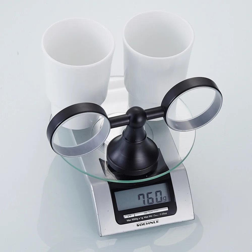 Leyden Oil Rubbed Bronze Brass Black Toothbrush Holder With Double Ceramic Cups Holders Wall Mounted Bathroom Accessories Set |