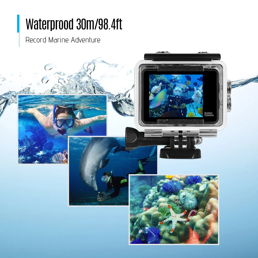Pаспродажа 4K 30FPS Ultra HD WiFi Спортивная Экшн-камера 18 МП 170 ° Широкий угол 2,0 дюйма ЖК-экран 30 м Водонепроницаемая с 2 шт. литий-ионных батарей